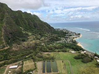 Hawaii beach surrounded by mountains.
